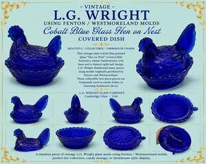 Vintage L.G. Wright Cobalt Blue Glass Hen on Nest Covered Dish